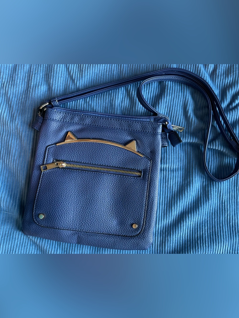 Navy Pebbled Leather Crossbody with Gold Cat-Ear Detail